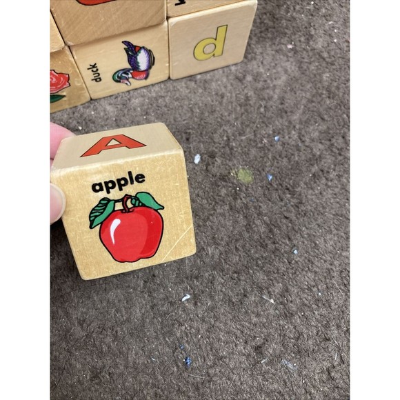 Lot 25 Wooden Toy Blocks Vintage Alphabet Letters Animals Object Wood Cube - Picture 3 of 11